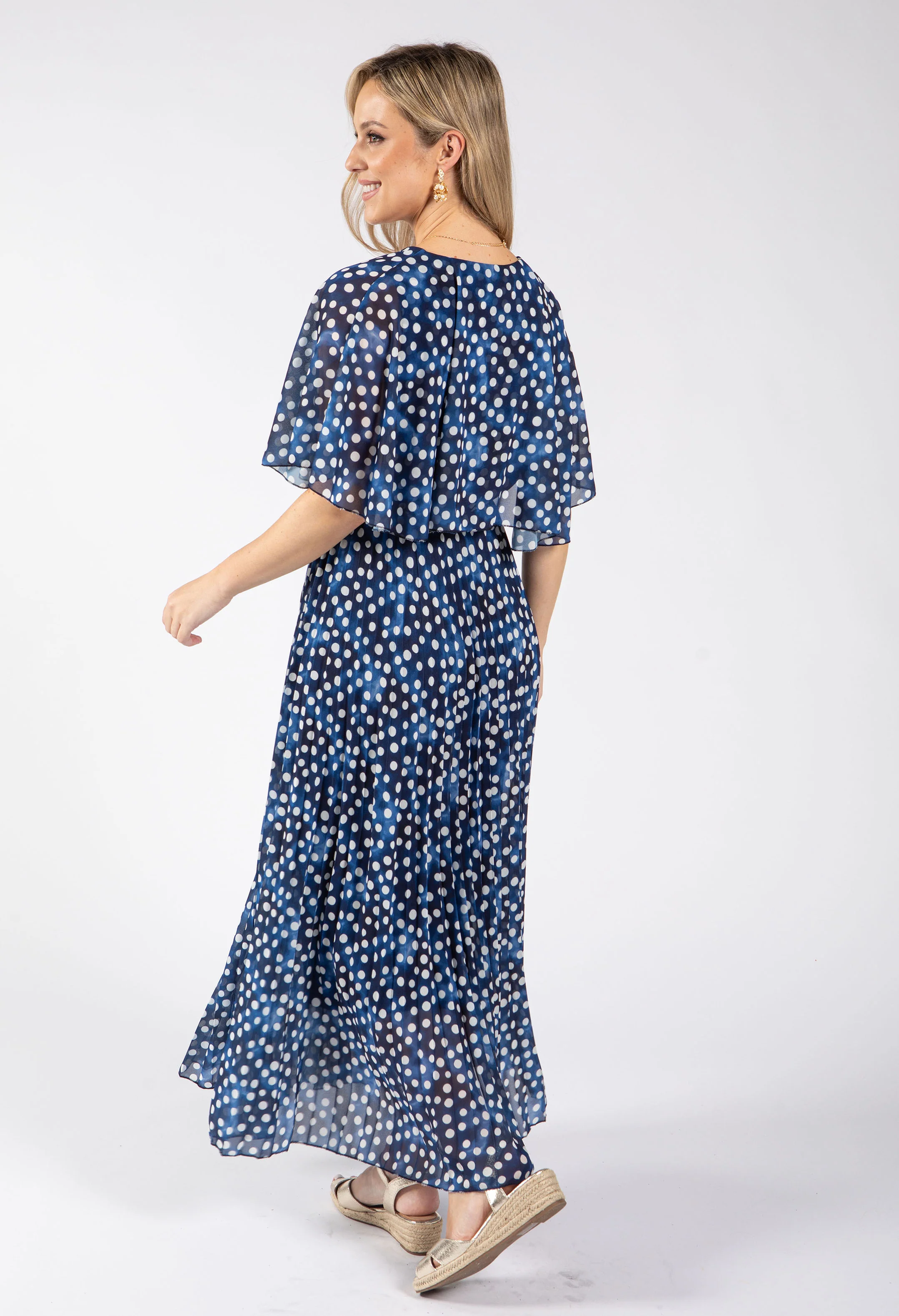 Polka Dot Plisse Pleated Wrap Midi Dress - Image 5