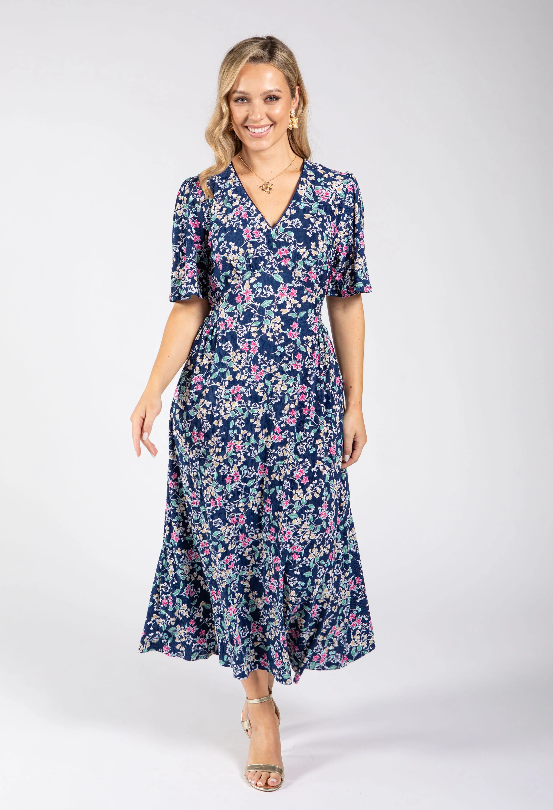 Pretty Floral Print V-Neck Midi Dress - Image 3