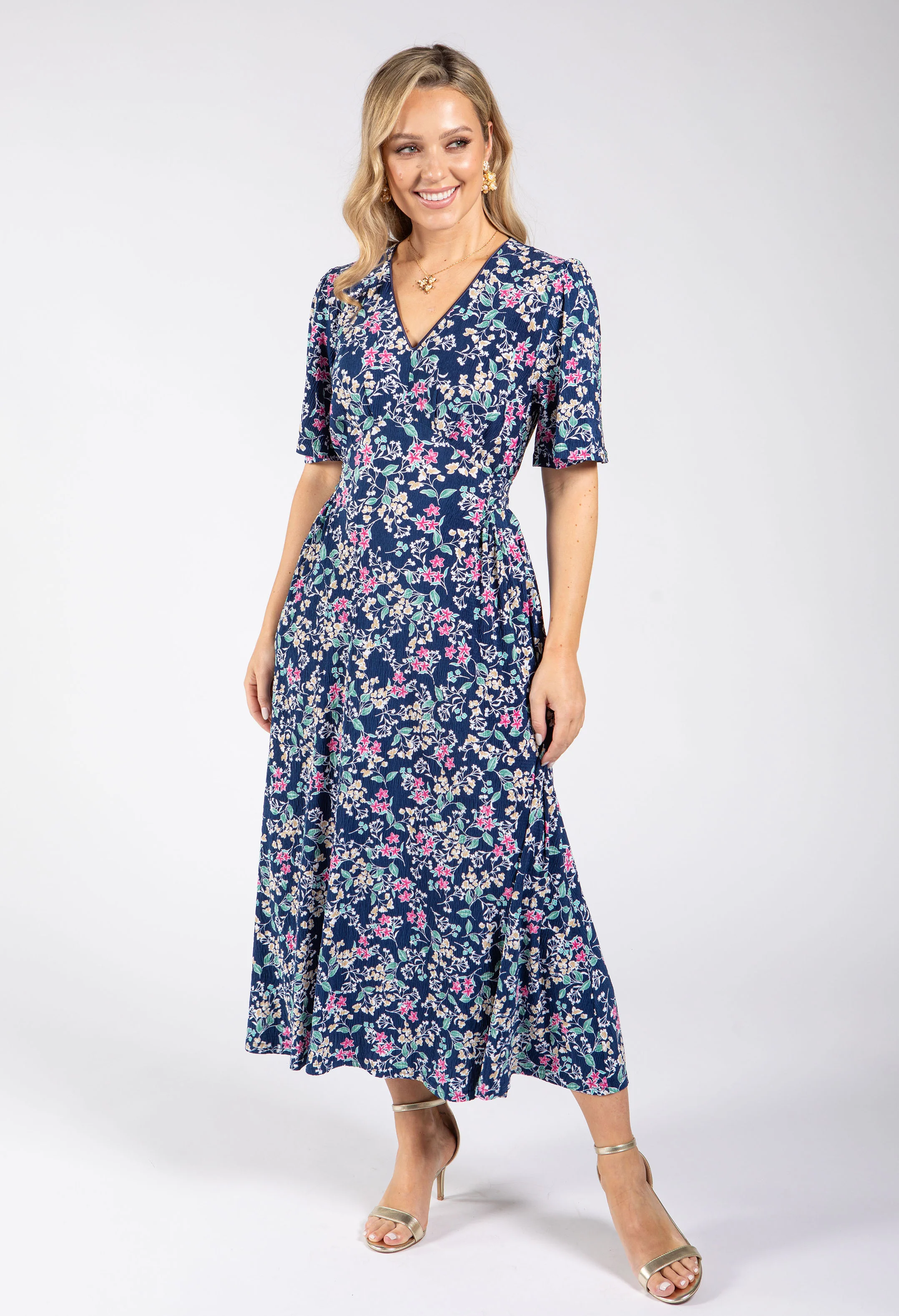 Pretty Floral Print V-Neck Midi Dress - Image 5