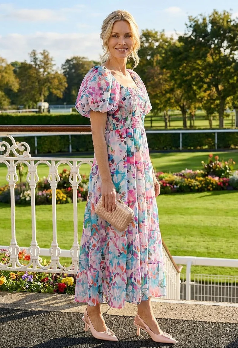 Puff Sleeve Floral Midi Dress