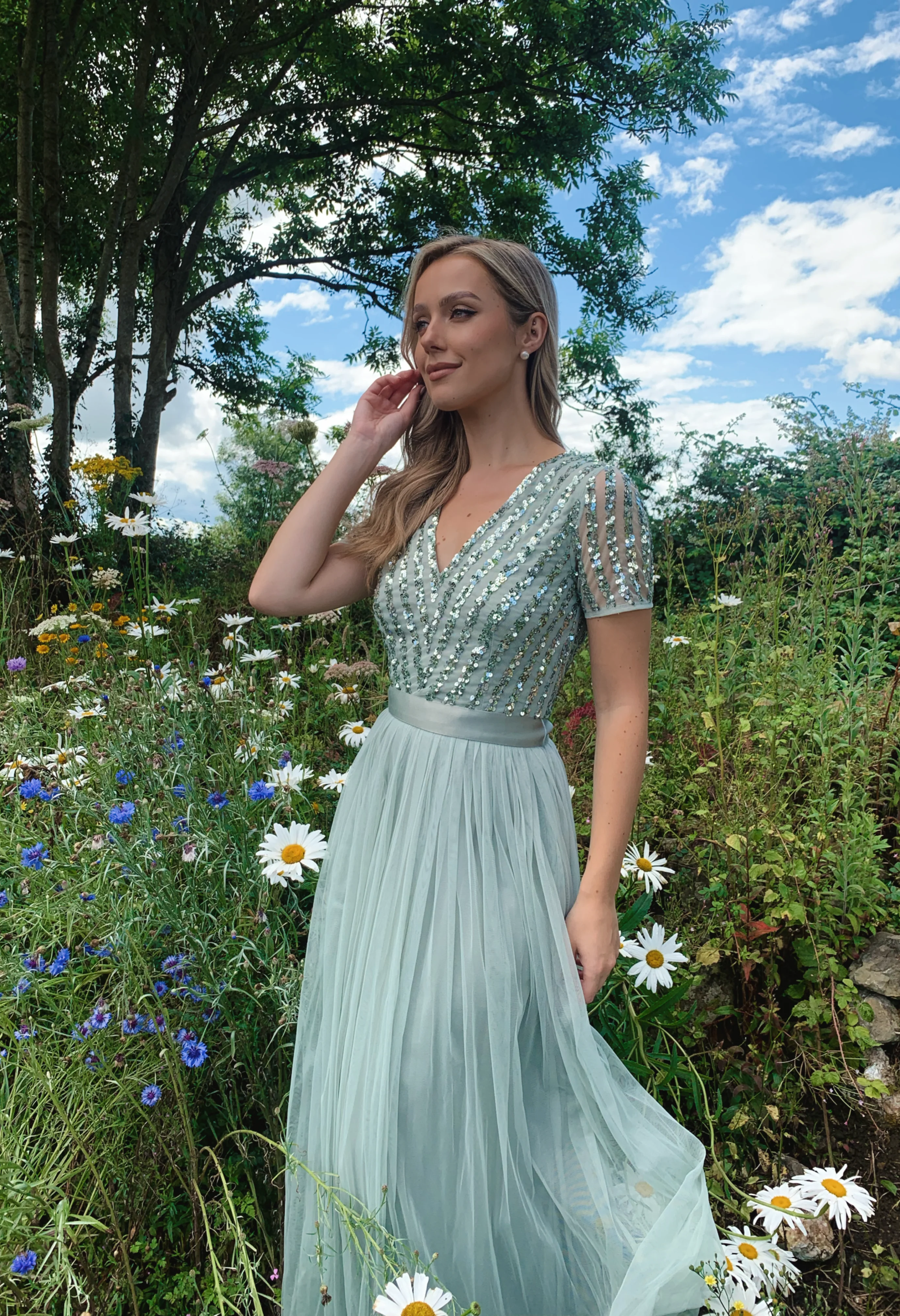 SAGE V NECK SEQUIN AND TULLE DRESS WITH TIE WAIST - Image 2