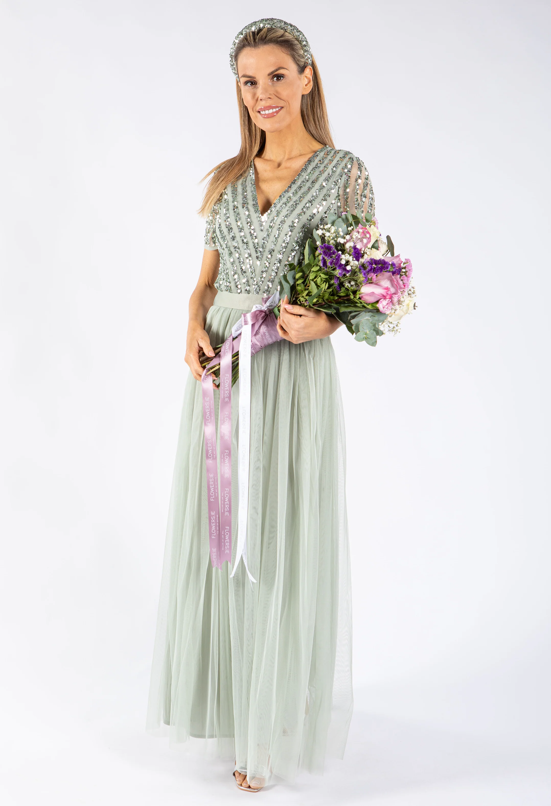 SAGE V NECK SEQUIN AND TULLE DRESS WITH TIE WAIST - Image 4