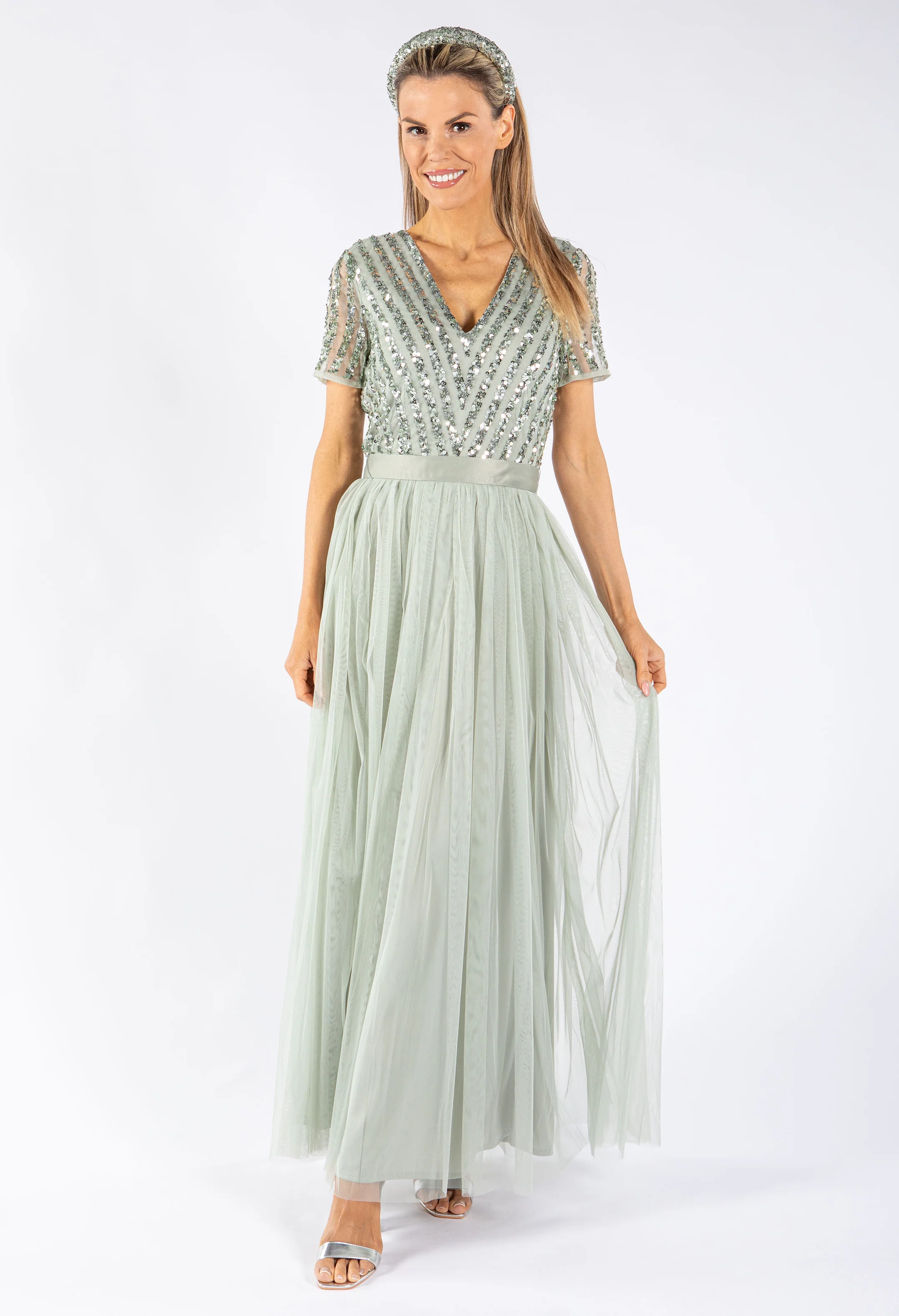 SAGE V NECK SEQUIN AND TULLE DRESS WITH TIE WAIST - Image 5