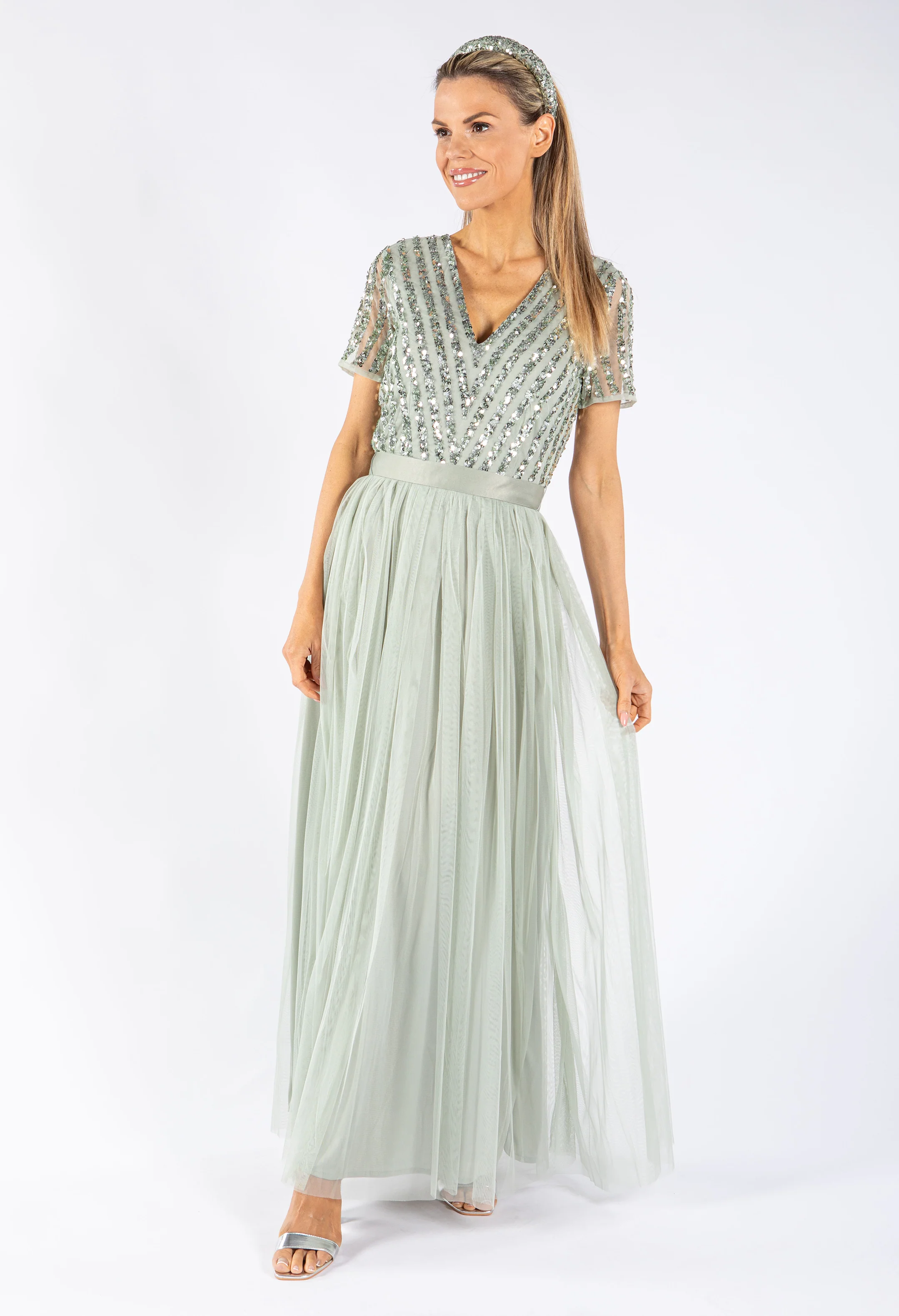 SAGE V NECK SEQUIN AND TULLE DRESS WITH TIE WAIST - Image 6