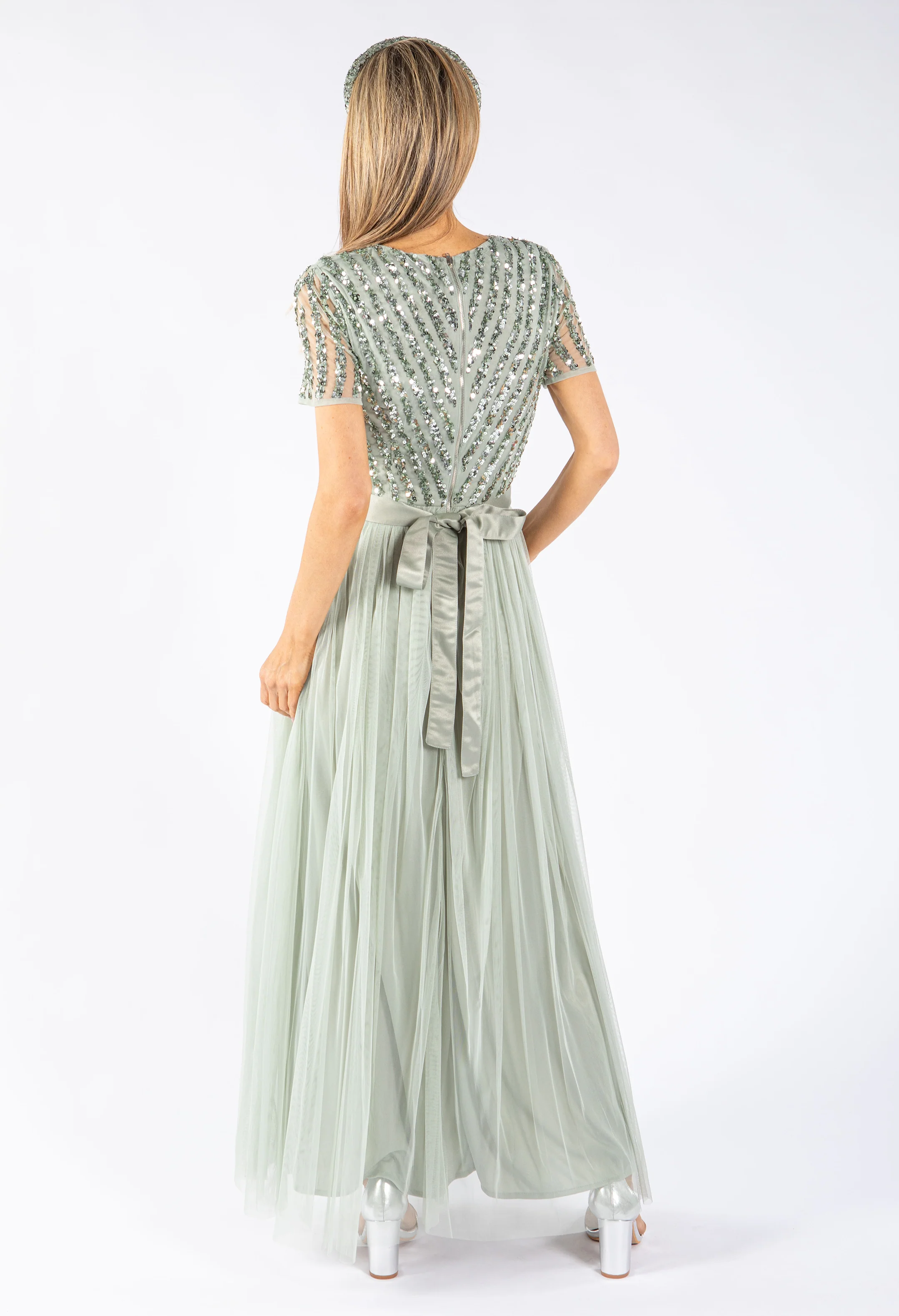 SAGE V NECK SEQUIN AND TULLE DRESS WITH TIE WAIST - Image 7