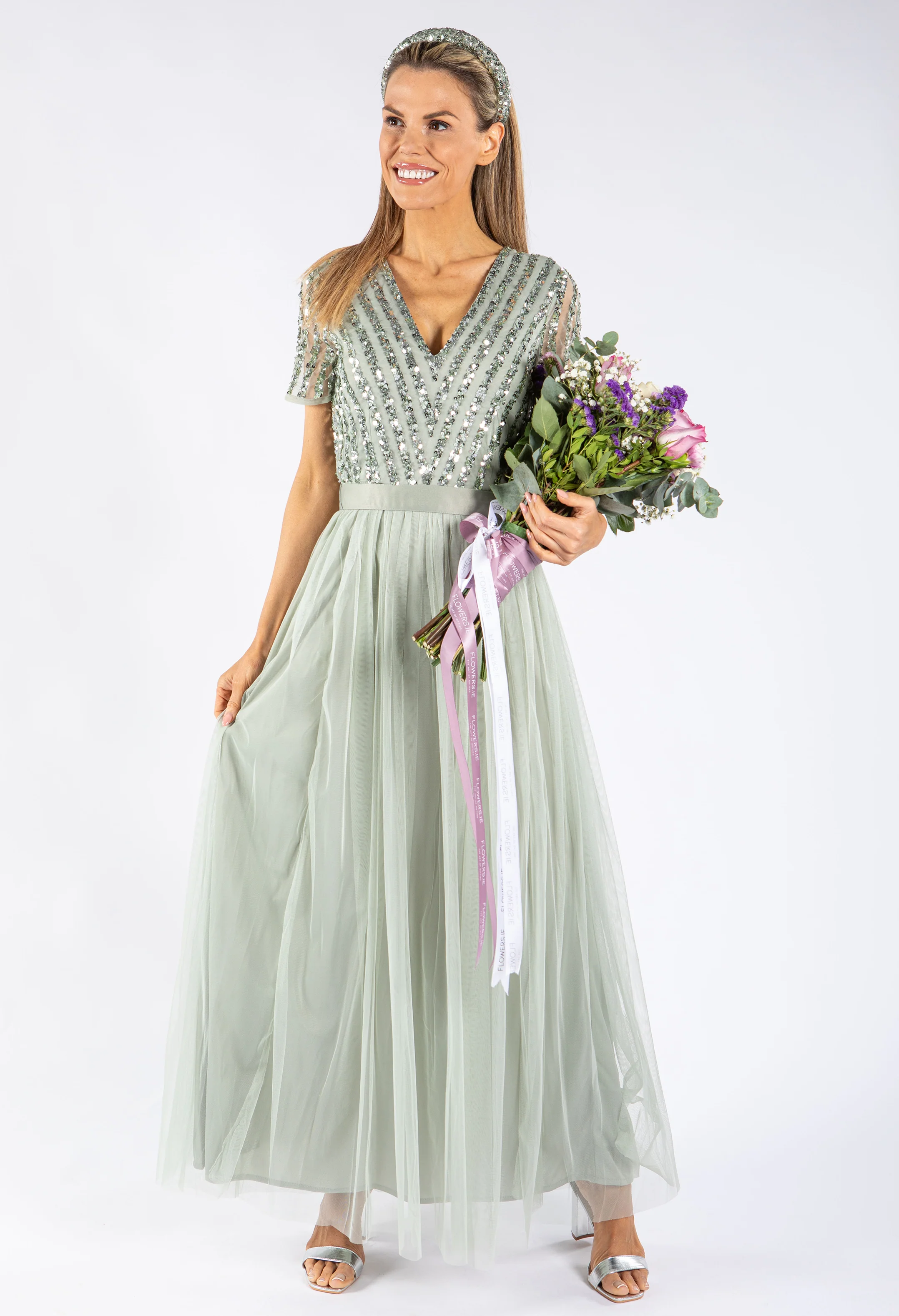 SAGE V NECK SEQUIN AND TULLE DRESS WITH TIE WAIST - Image 8