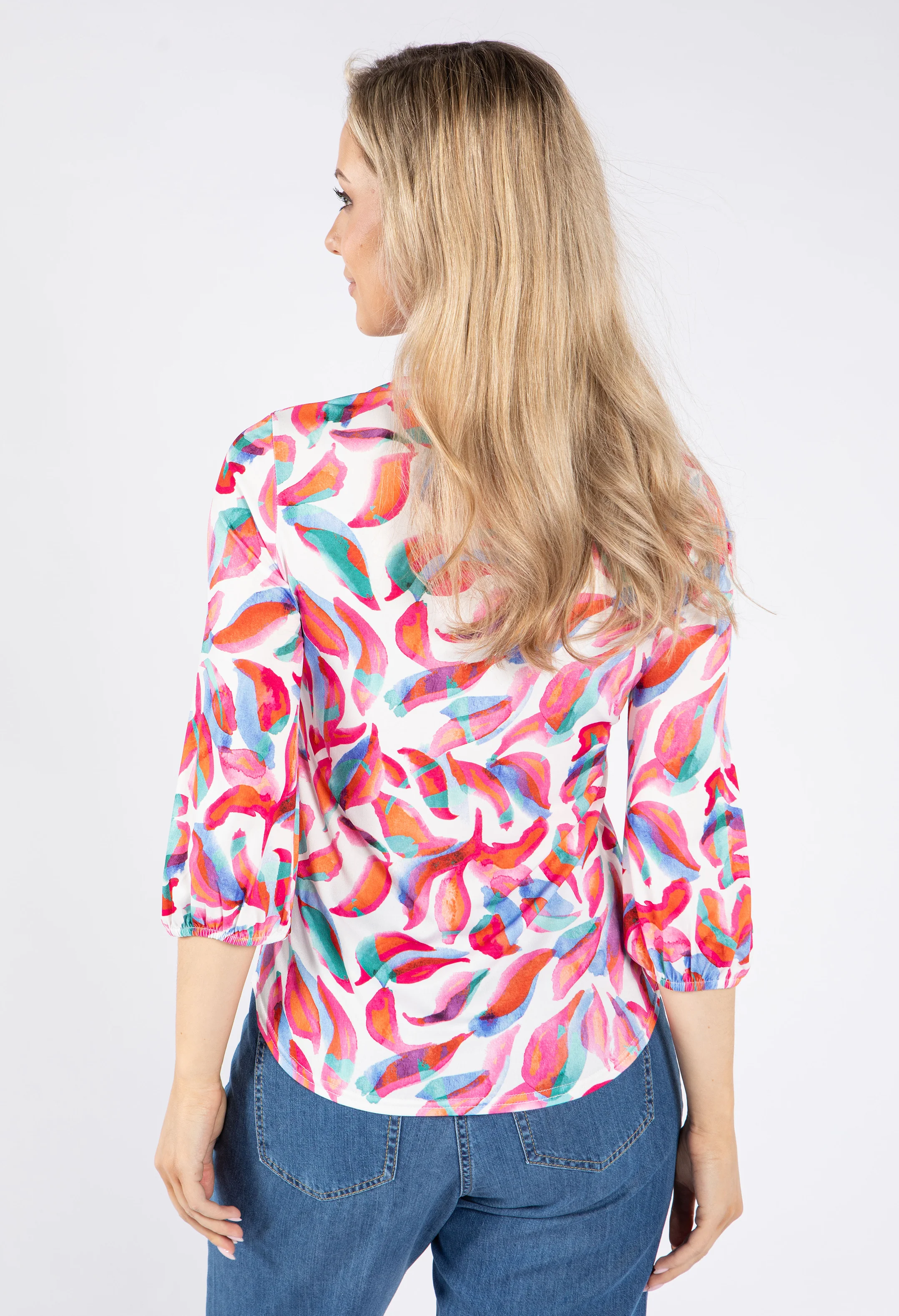 Scallop Neckline Colour Leaf Print Top - Image 4