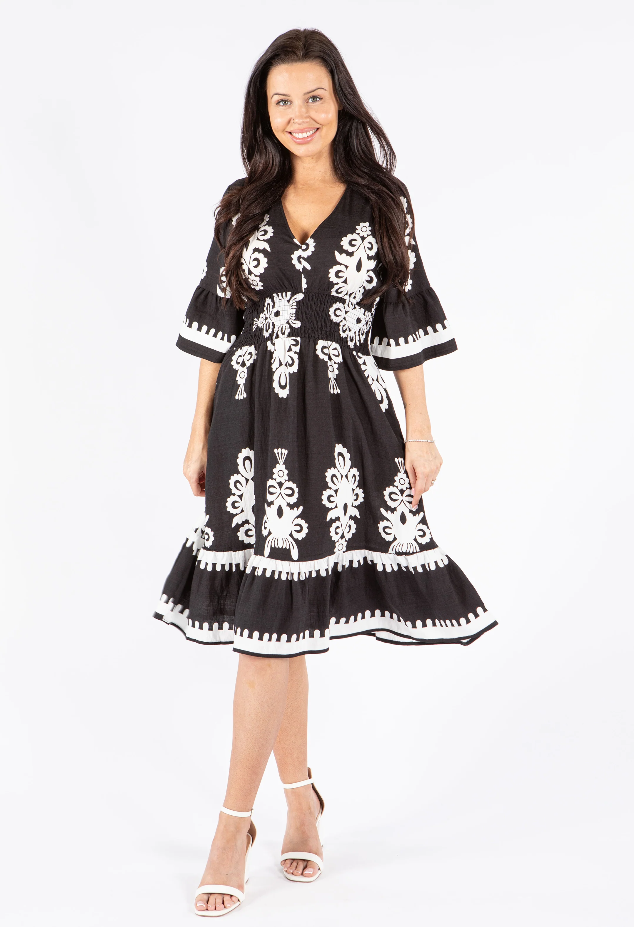 Shirred Waist V-Neck Dress - Image 3