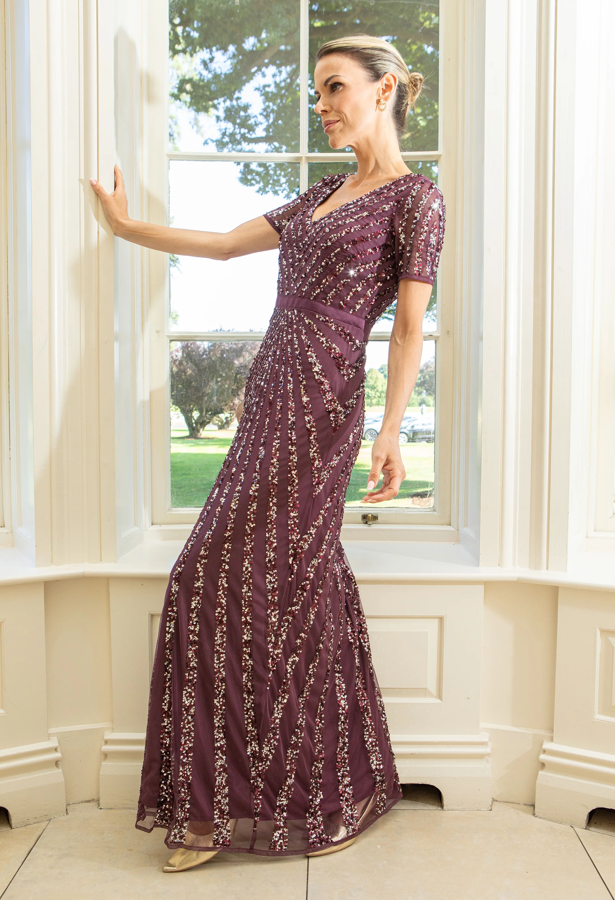 Short Sleeve Stripe Embellished Maxi Dress - Image 2