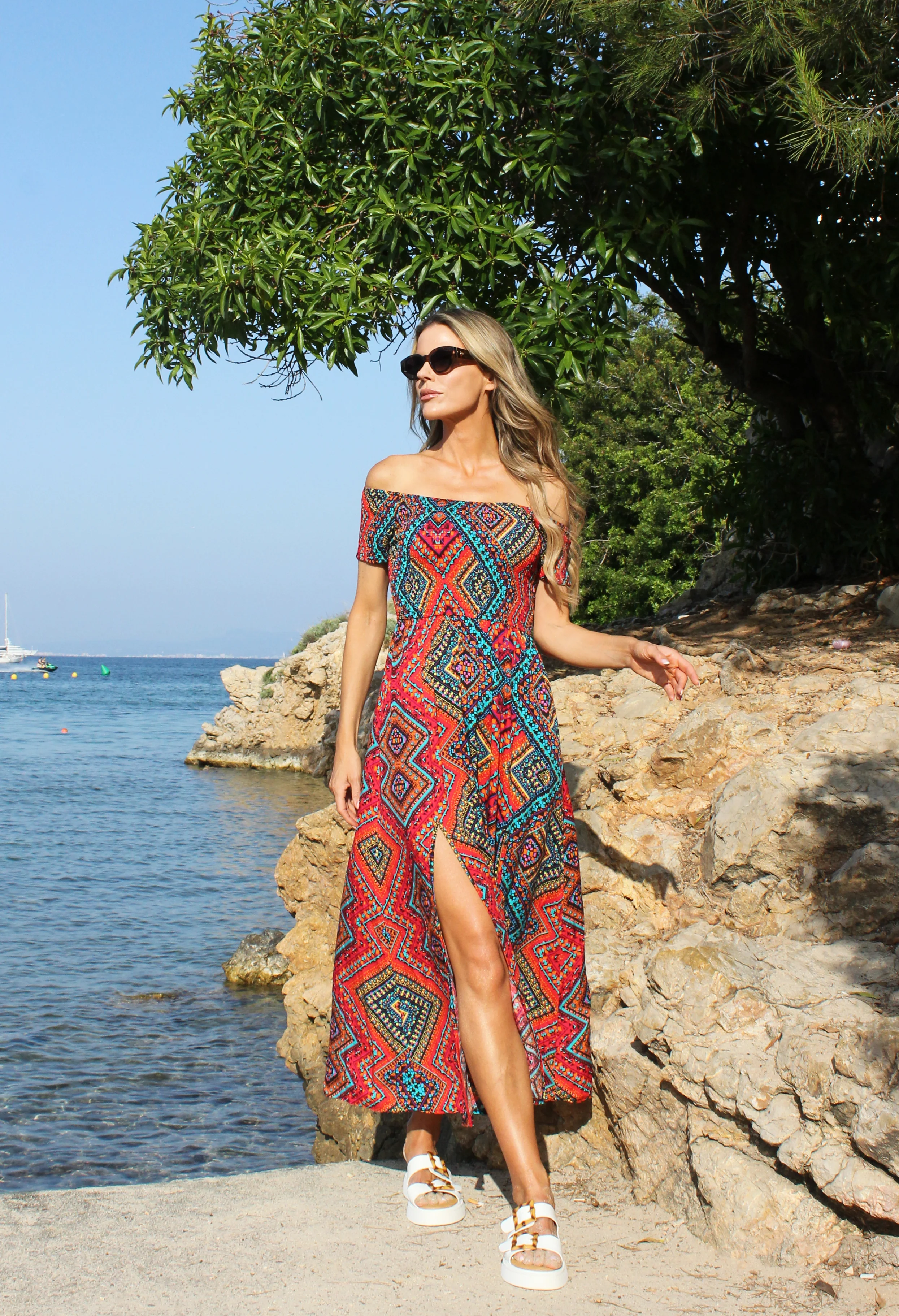 Smocking Bodice Aztec Print Dress