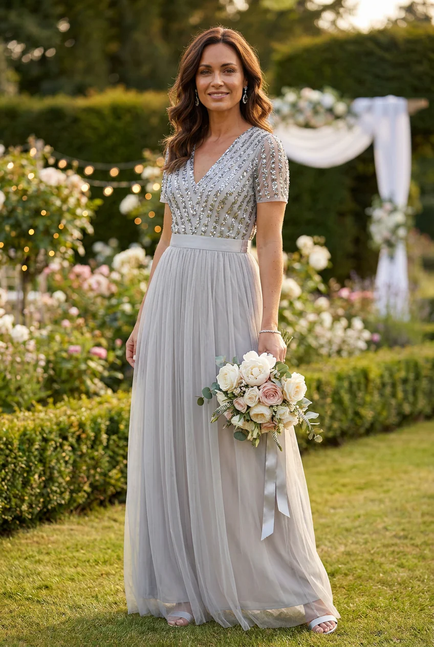 SOFT GREY V NECK SEQUIN AND TULLE DRESS WITH TIE WAIST