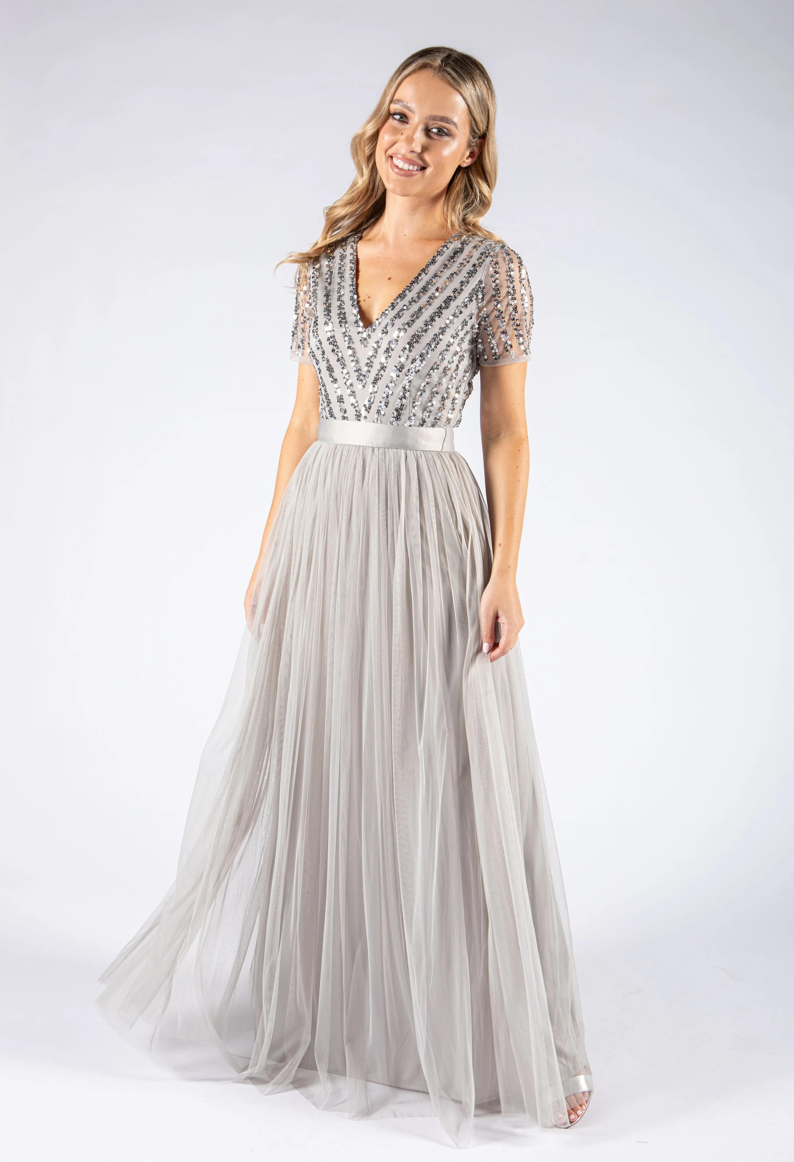 SOFT GREY V NECK SEQUIN AND TULLE DRESS WITH TIE WAIST - Image 2