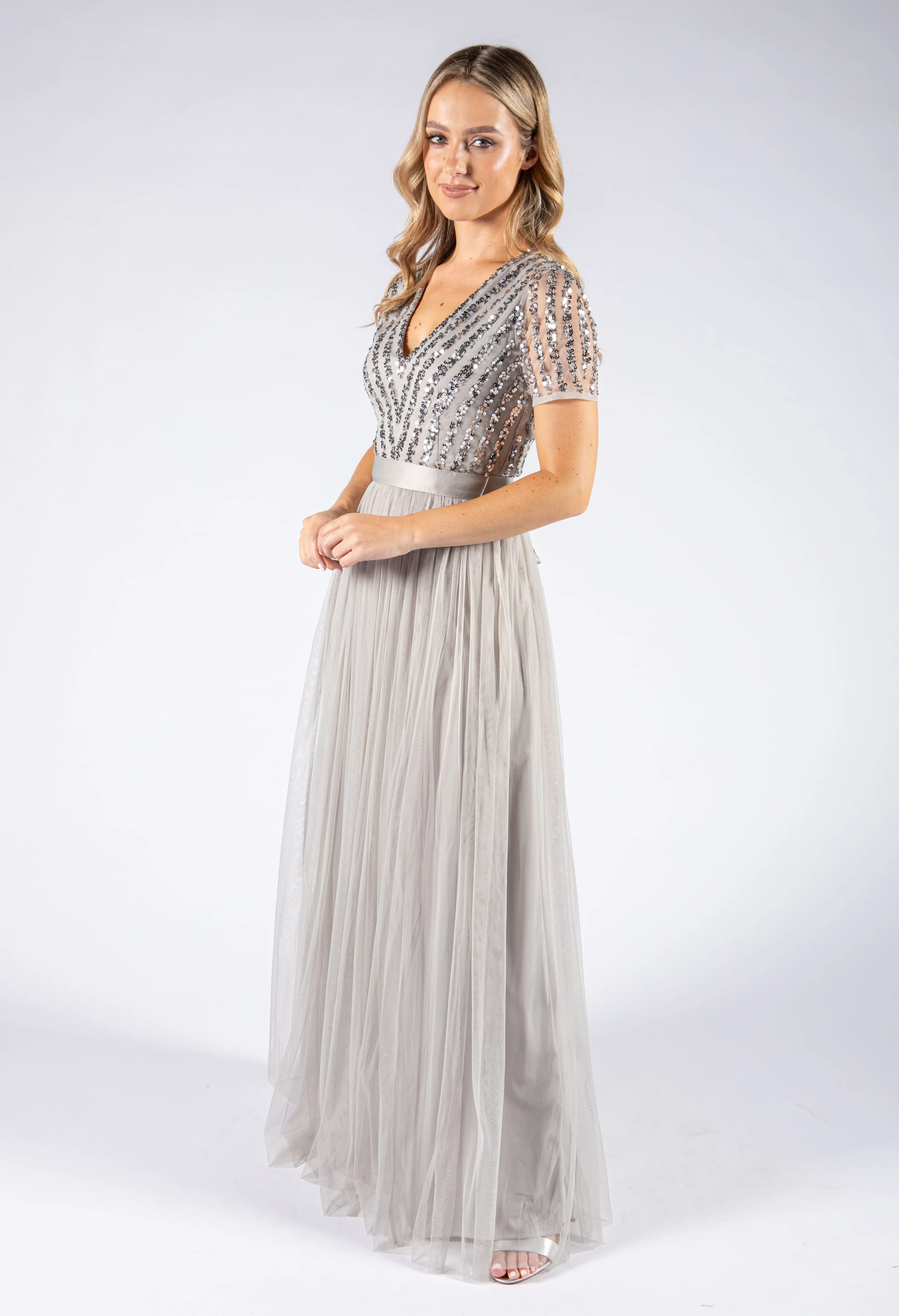 SOFT GREY V NECK SEQUIN AND TULLE DRESS WITH TIE WAIST - Image 4