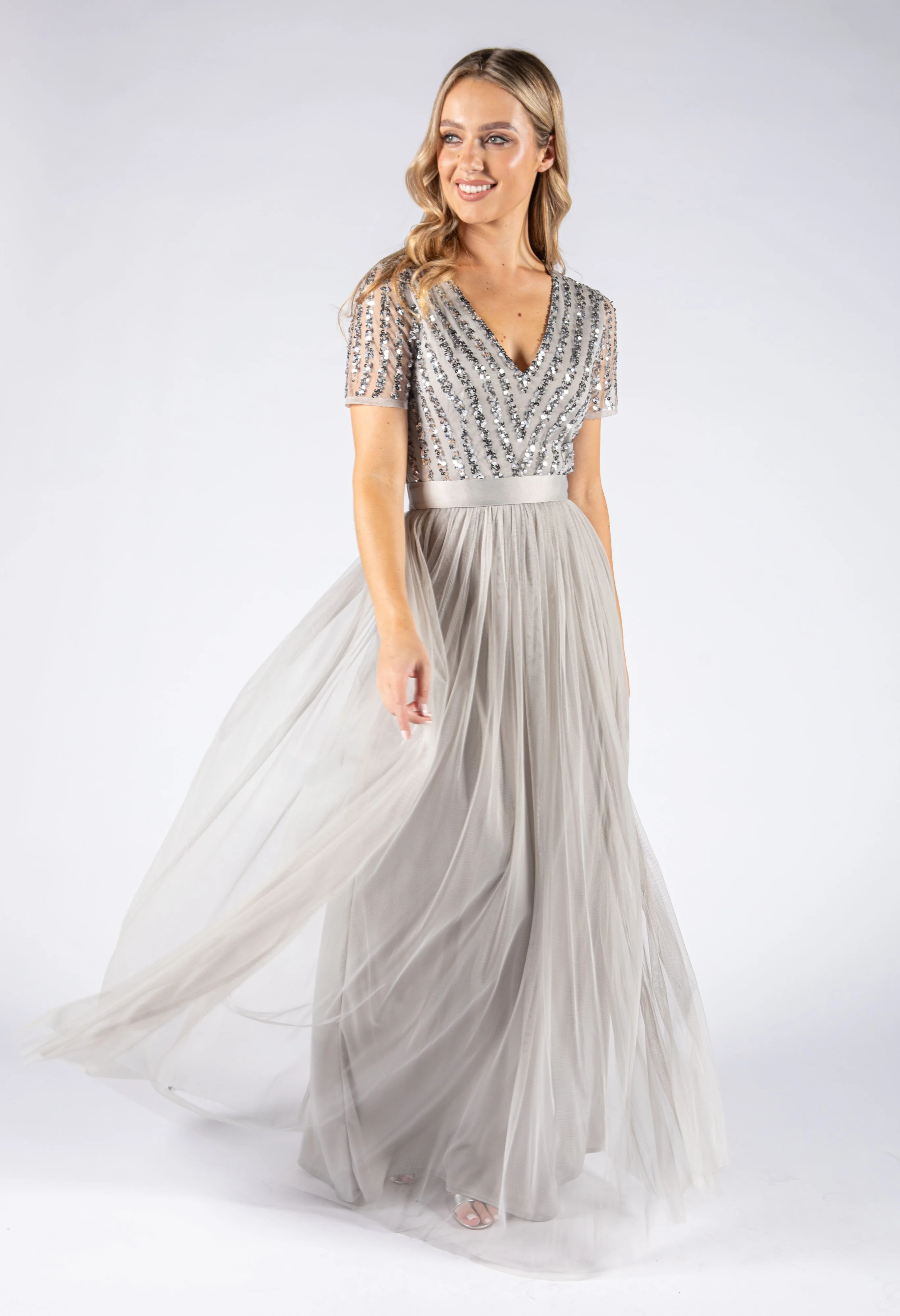 SOFT GREY V NECK SEQUIN AND TULLE DRESS WITH TIE WAIST - Image 6