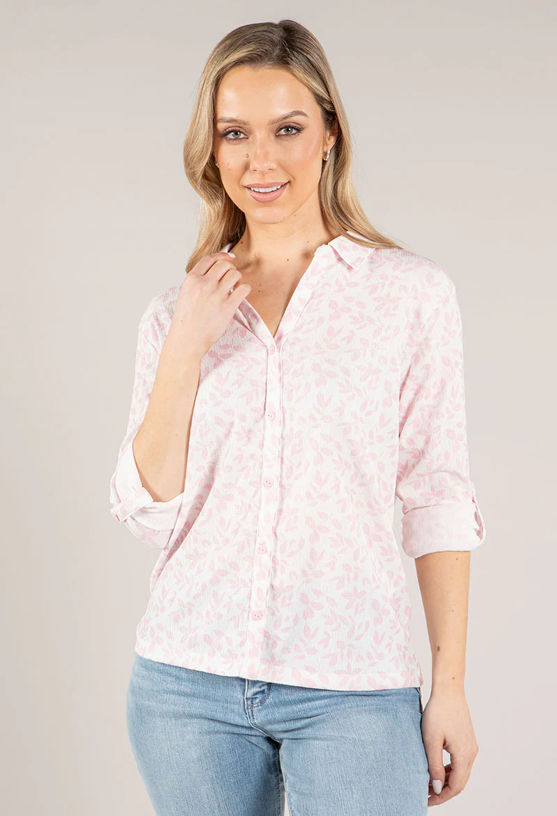 Soft Leaf Print Buttoned Blouse with Sleeves - Image 3