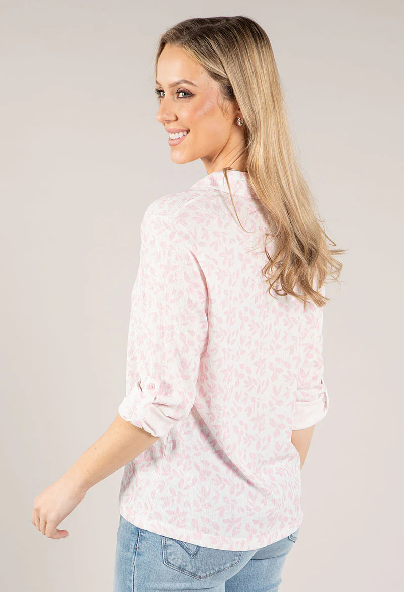 Soft Leaf Print Buttoned Blouse with Sleeves - Image 4