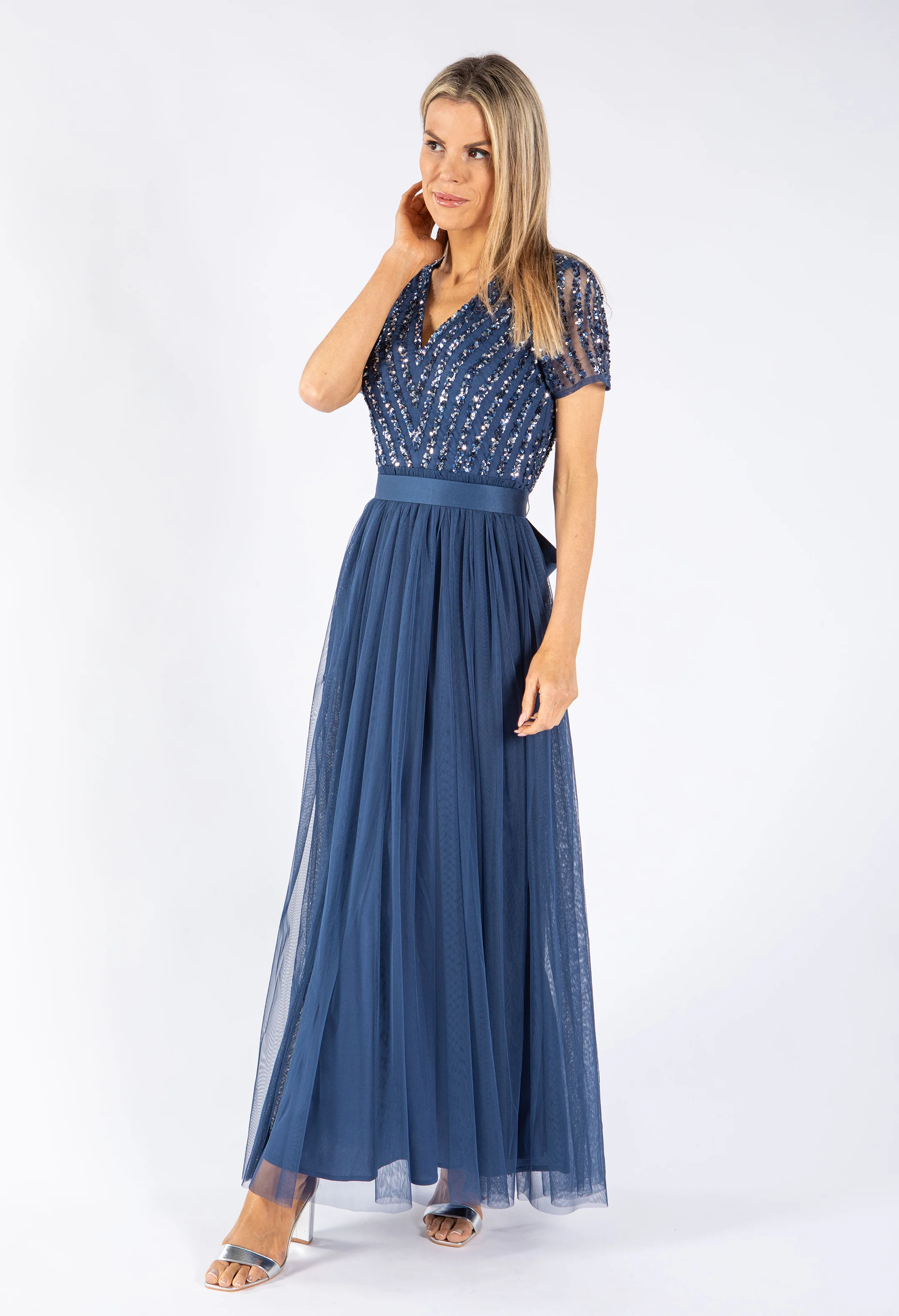 STRIPE EMBELLISHED MAXI DRESS WITH SASH BELT - Image 12