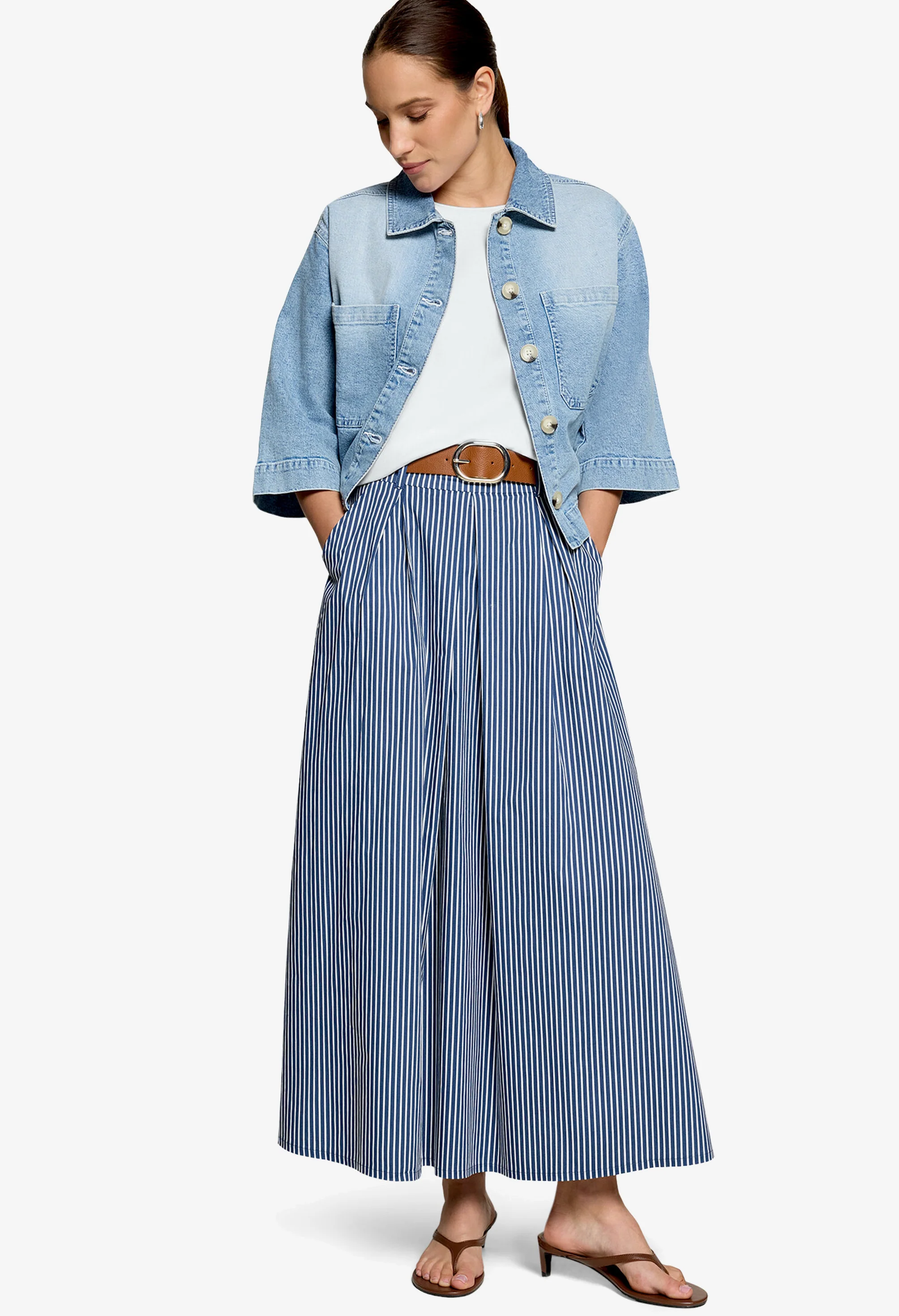 Striped Belted Midi Skirt