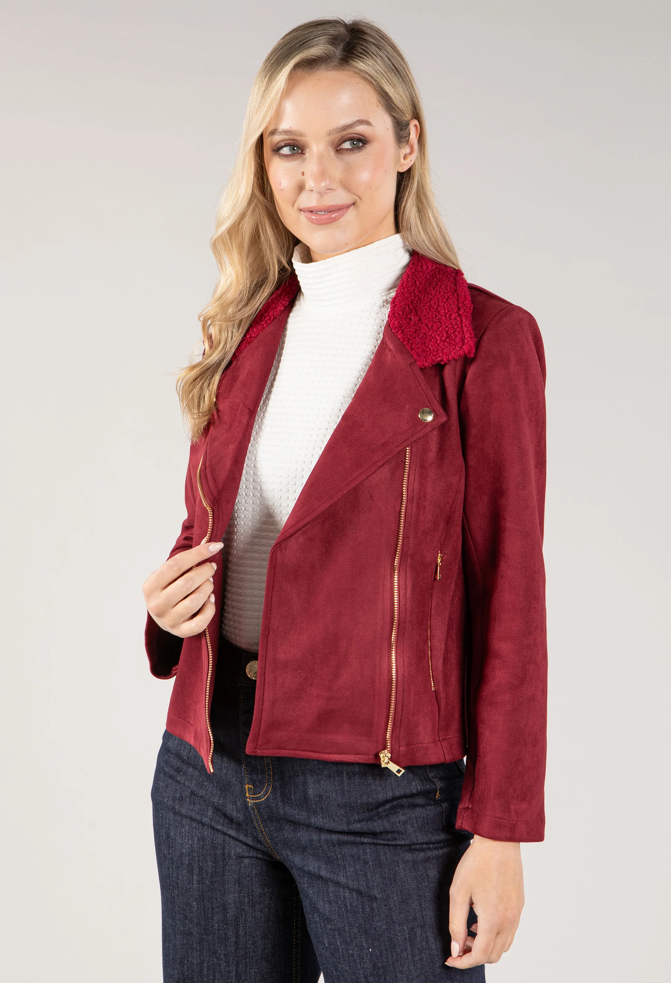 Suedette Sherpa Collar Biker Jacket - Image 4