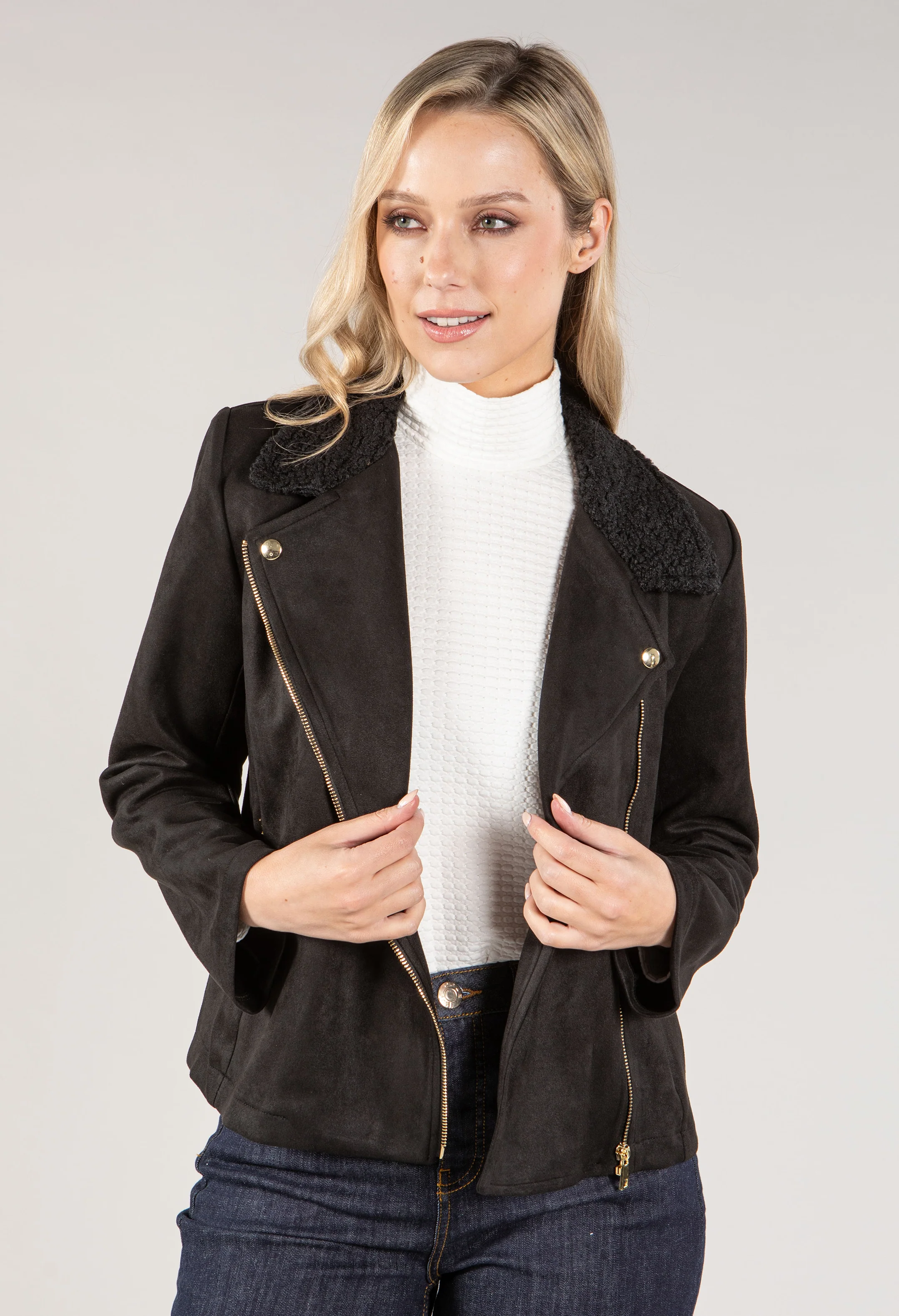Suedette Sherpa Collar Biker Jacket - Image 5
