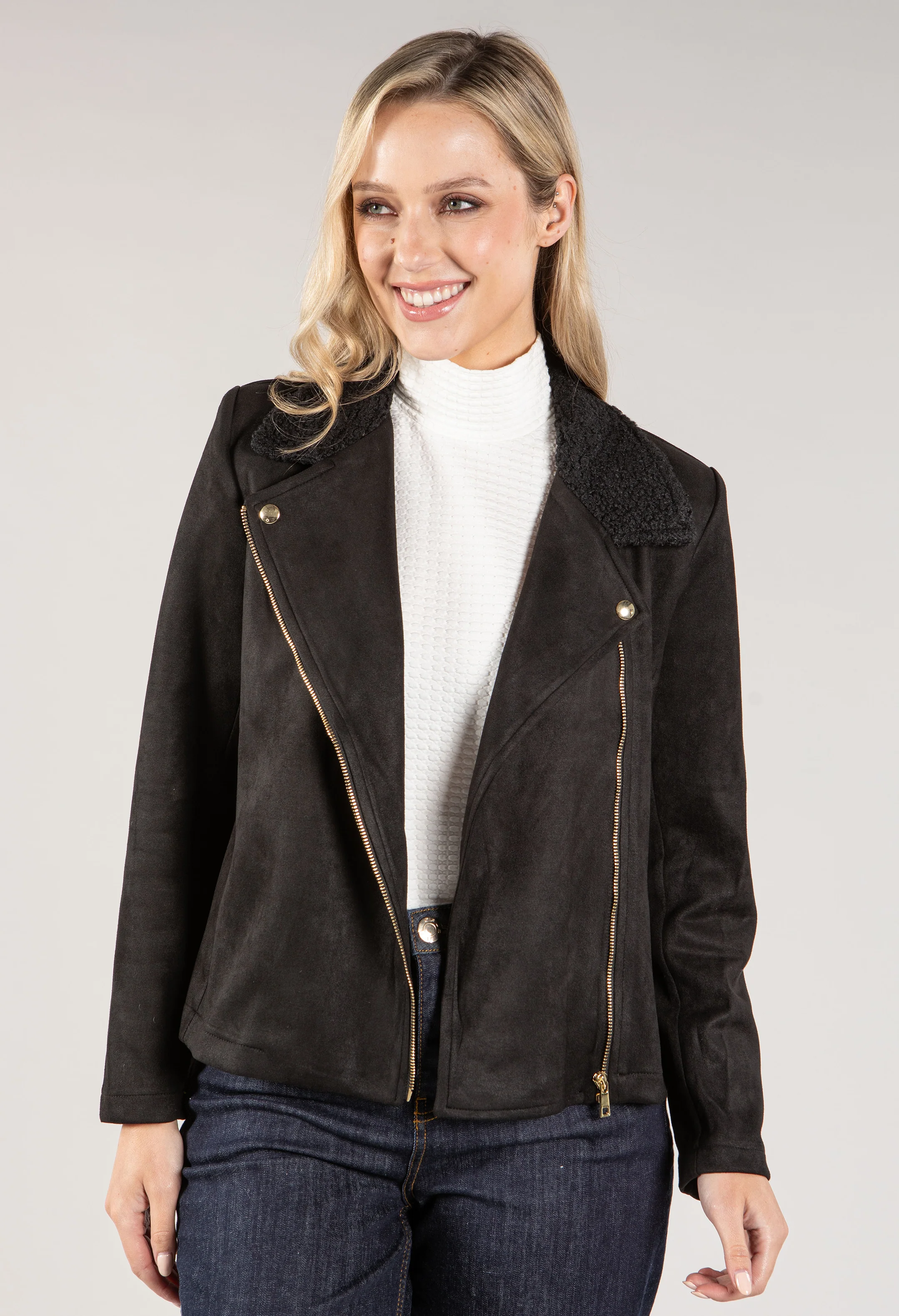 Suedette Sherpa Collar Biker Jacket - Image 8