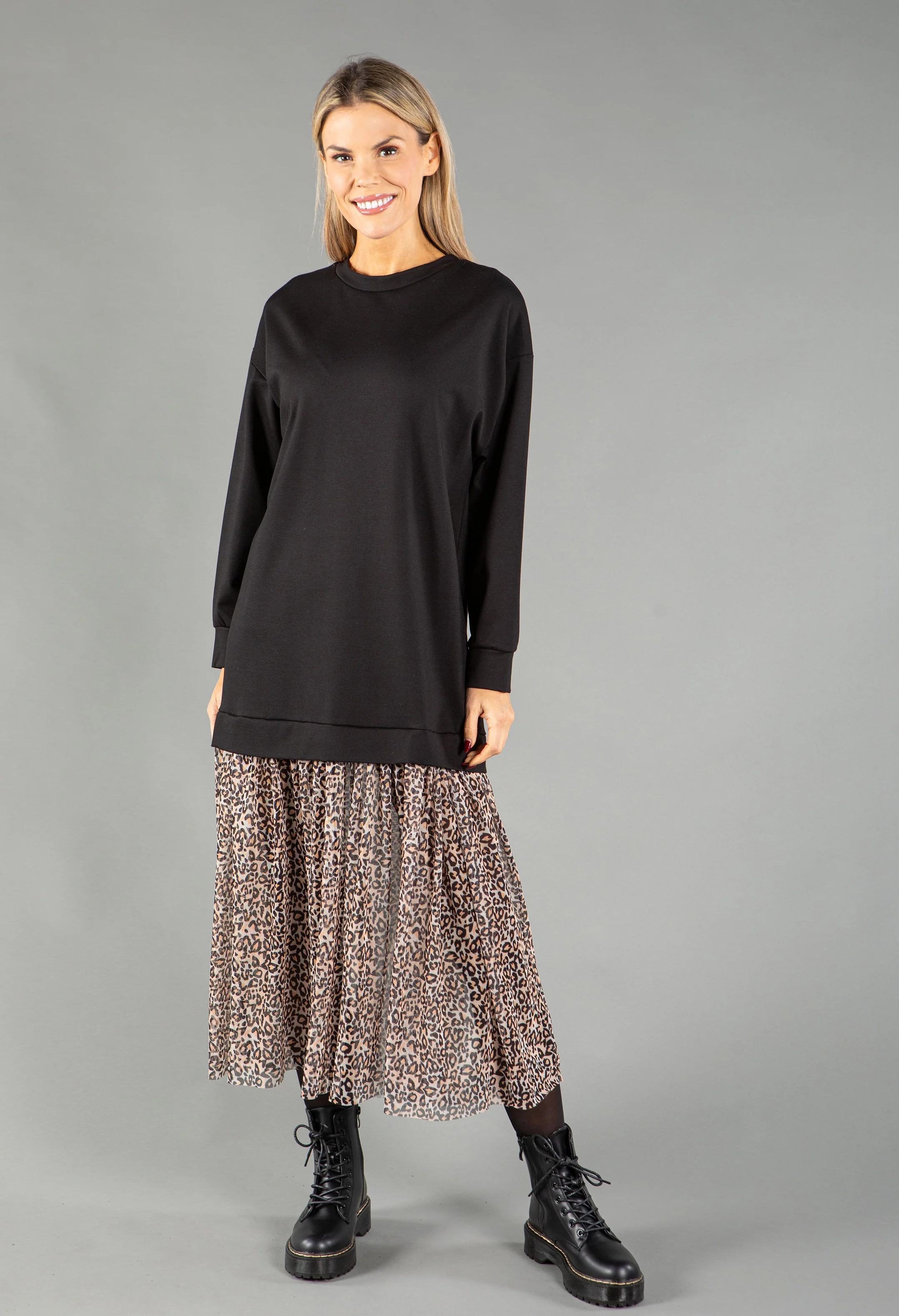 Sweater Dress with Mesh Leo Print Skirt - Image 3