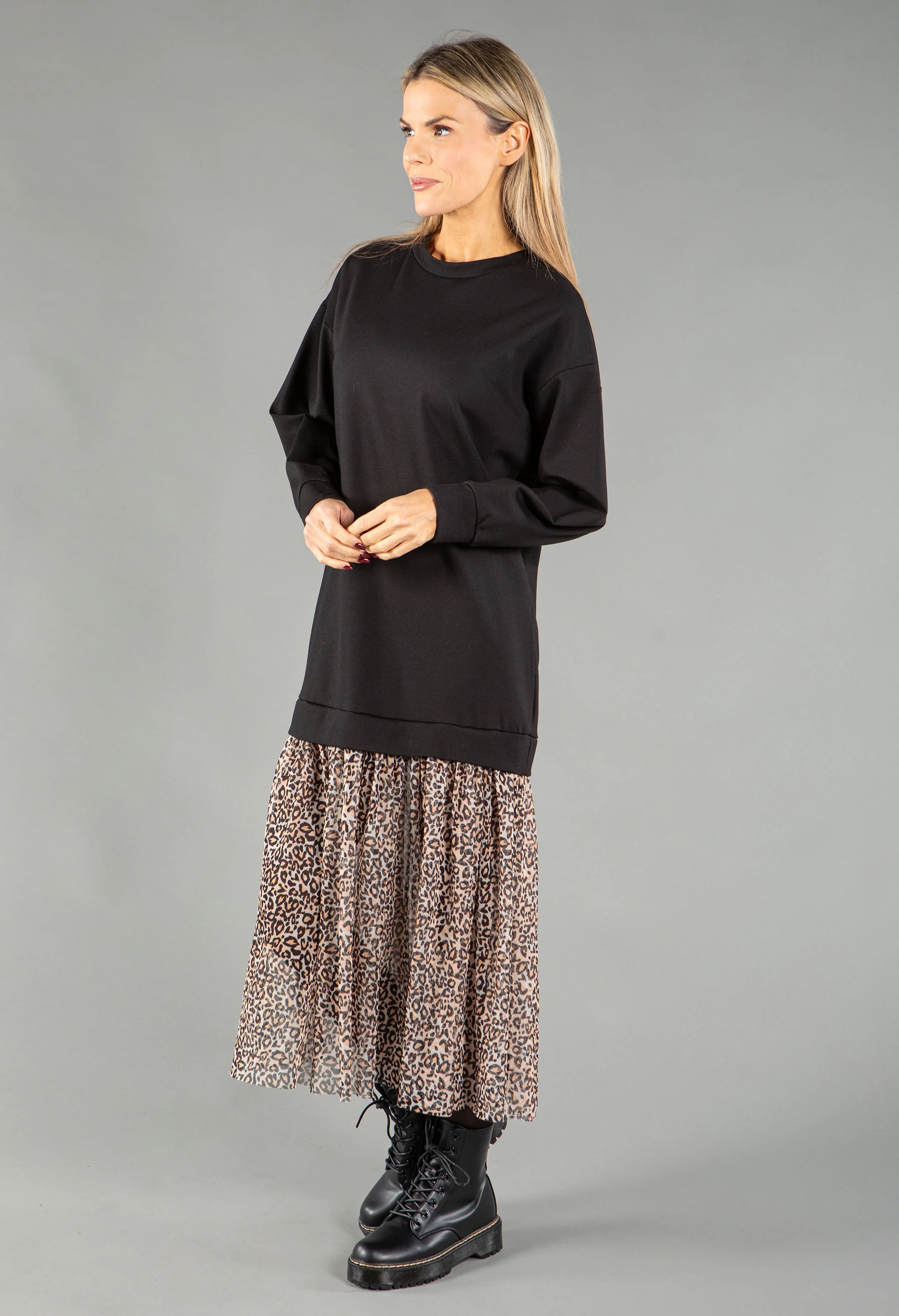 Sweater Dress with Mesh Leo Print Skirt - Image 4