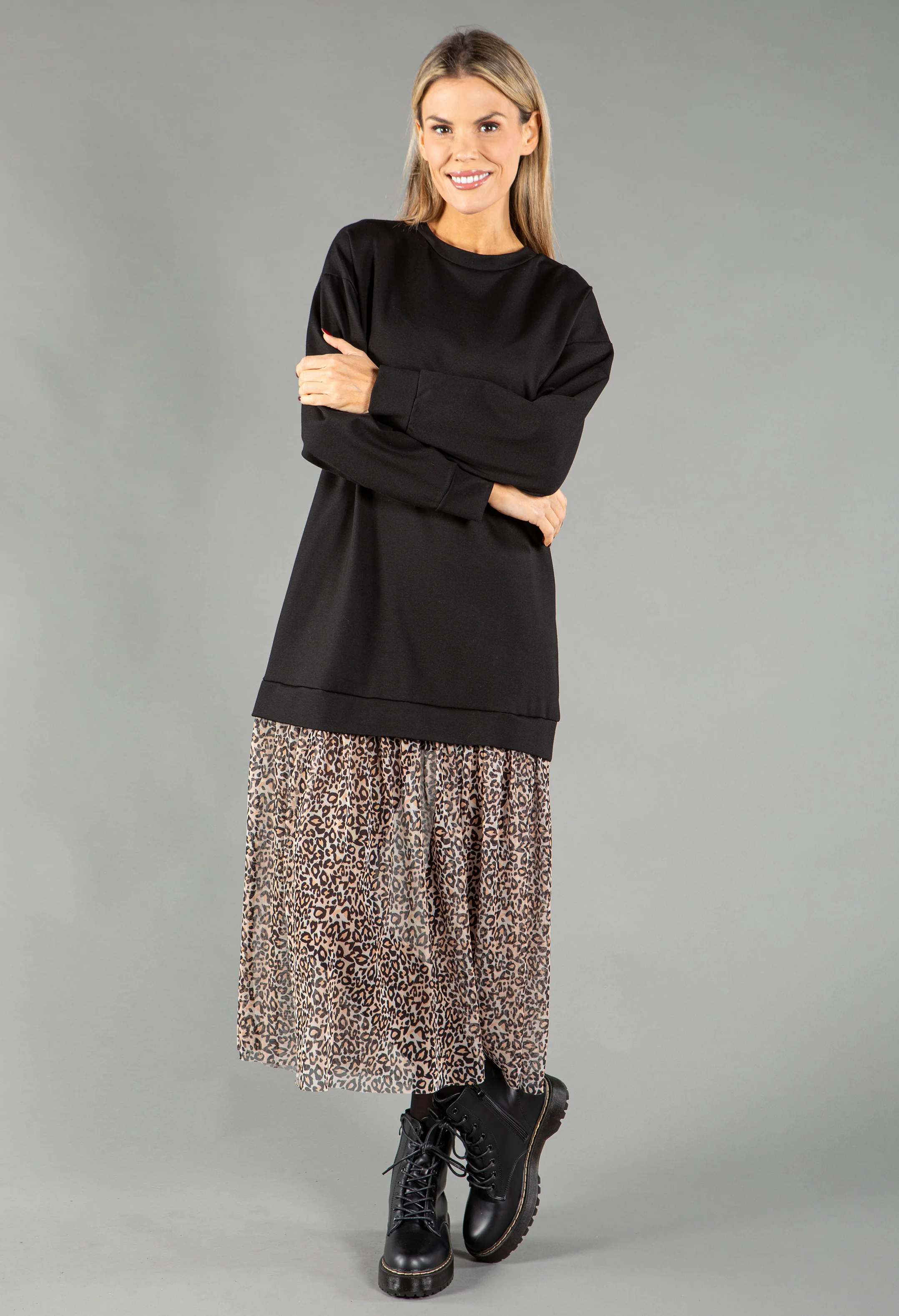 Sweater Dress with Mesh Leo Print Skirt - Image 6