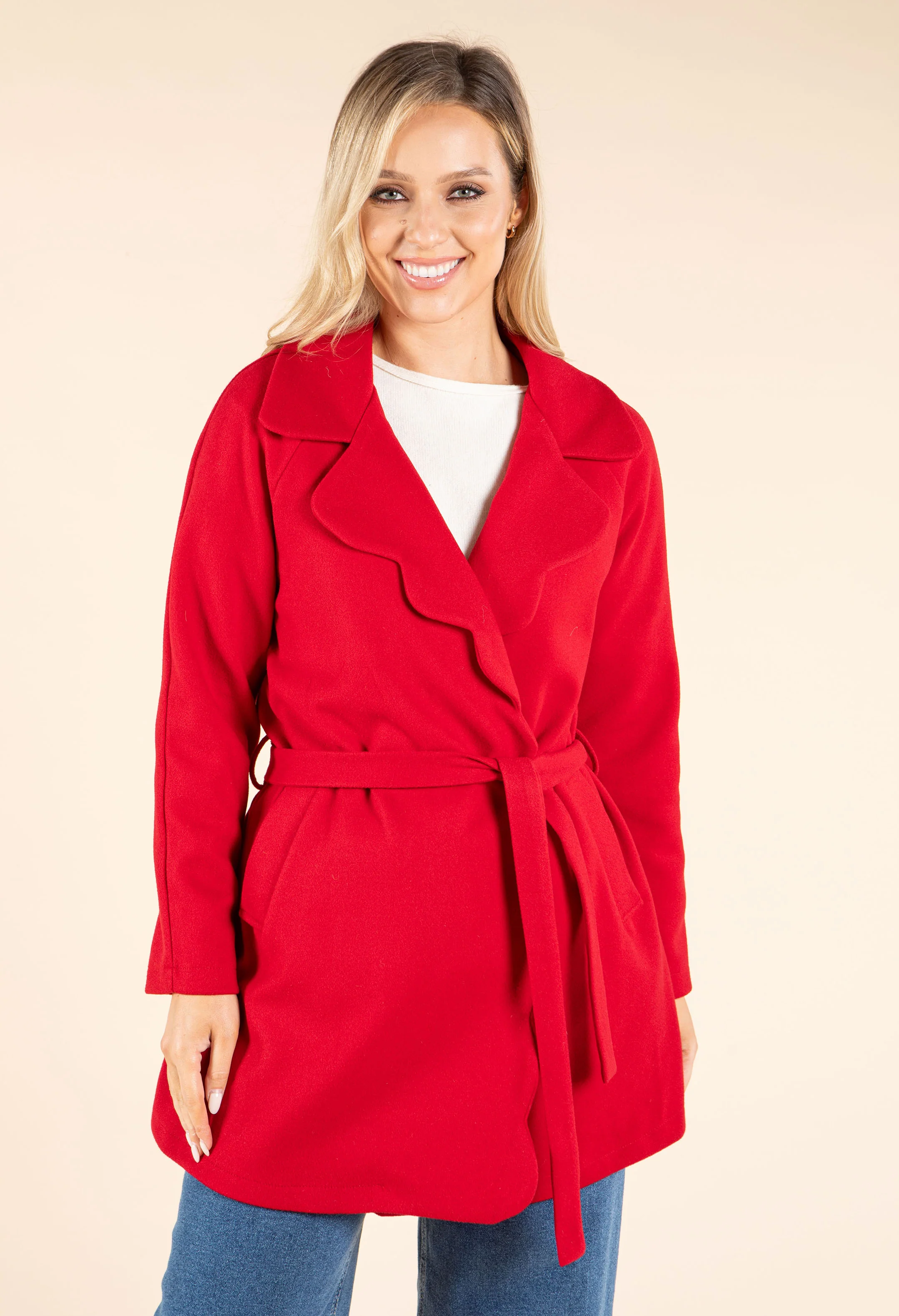Tie Waist Scallop Detail Coat