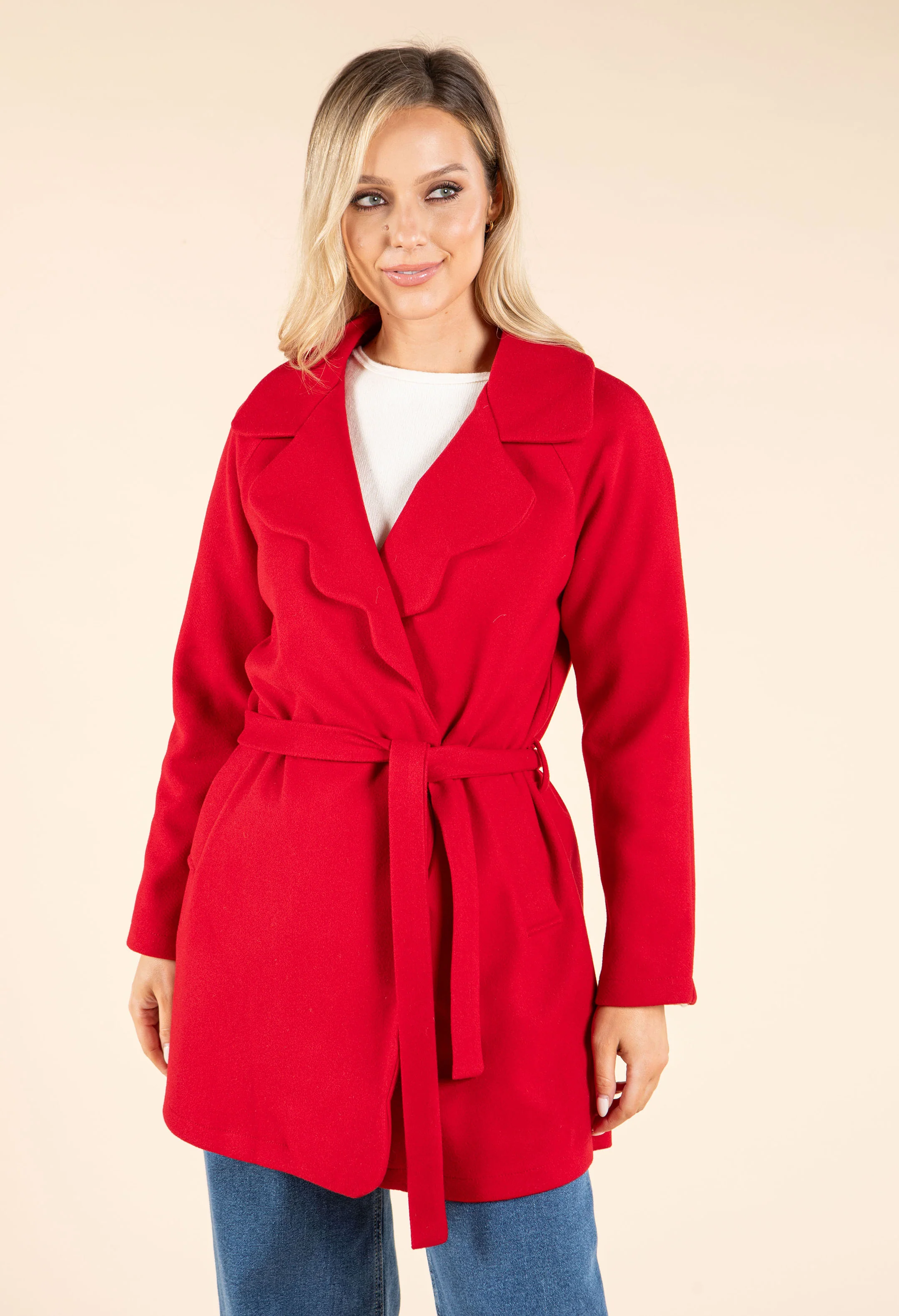 Tie Waist Scallop Detail Coat - Image 2
