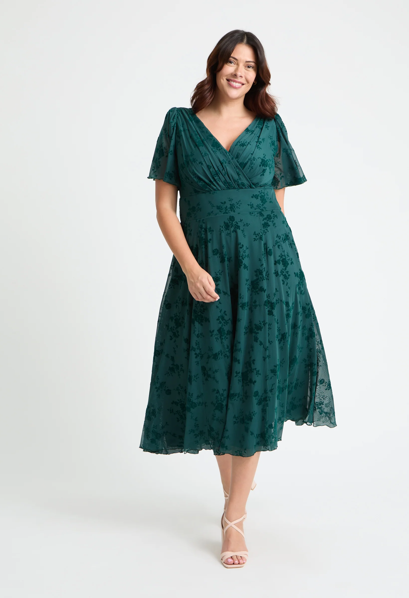 Victoria Angel Sleeve Mesh Midi Curve+ Dress