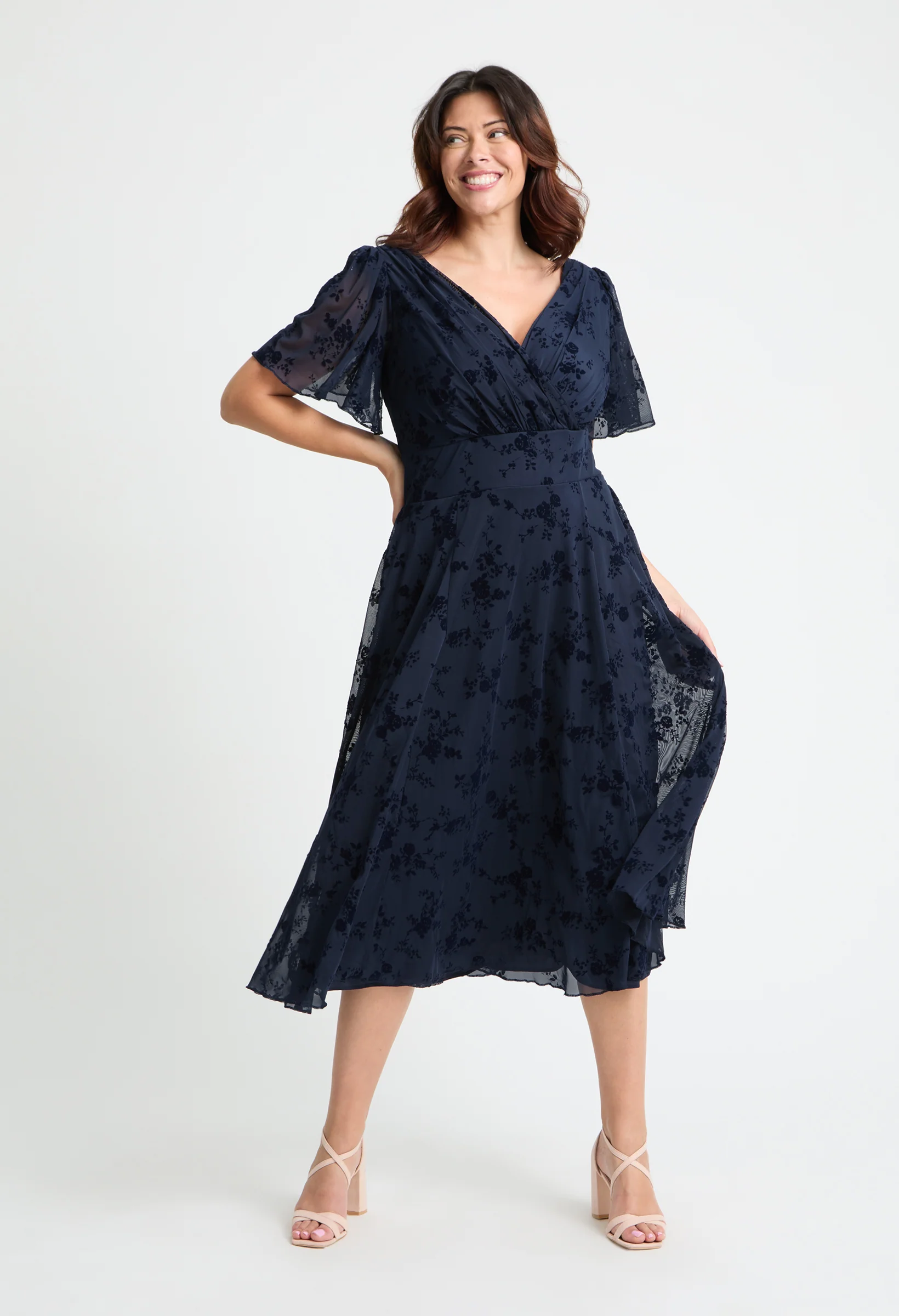 Victoria Angel Sleeve Mesh Midi Curve+ Dress