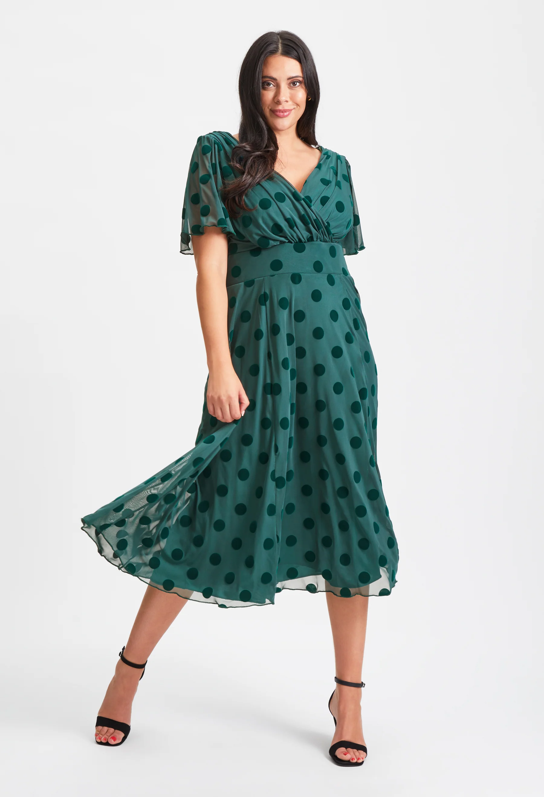 Victoria Dark Green Velvet Mesh Long Midi Dress