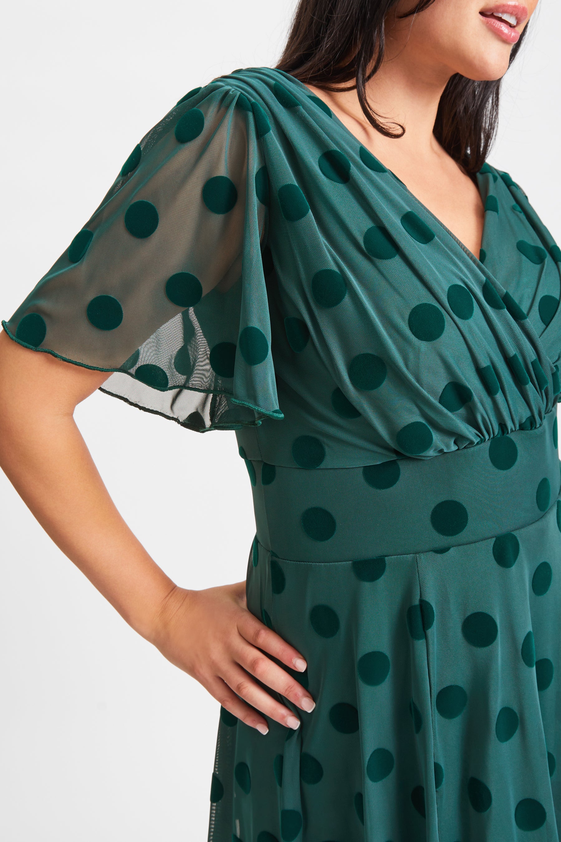 Victoria Dark Green Velvet Mesh Long Midi Dress - Image 2