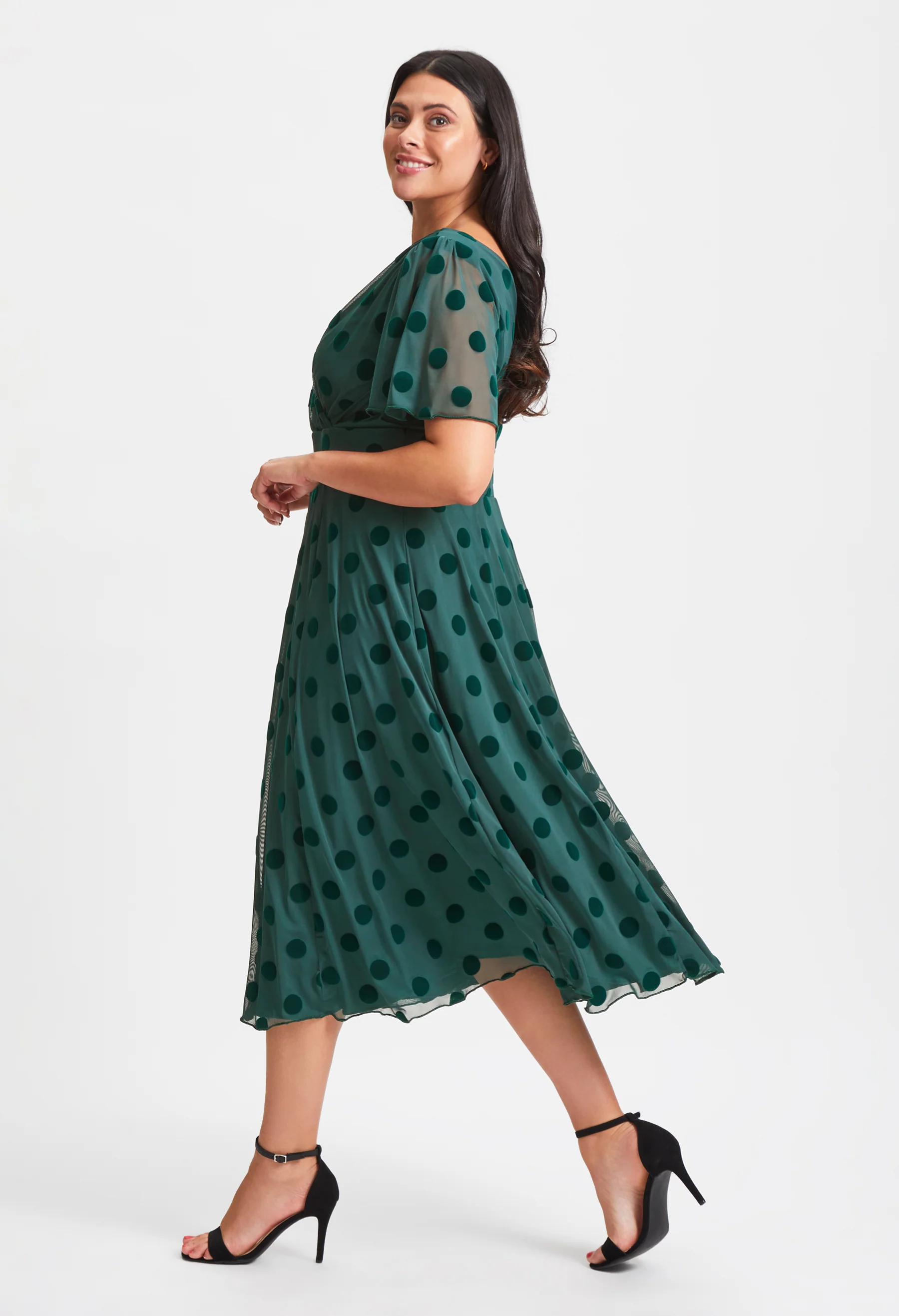 Victoria Dark Green Velvet Mesh Long Midi Dress - Image 3