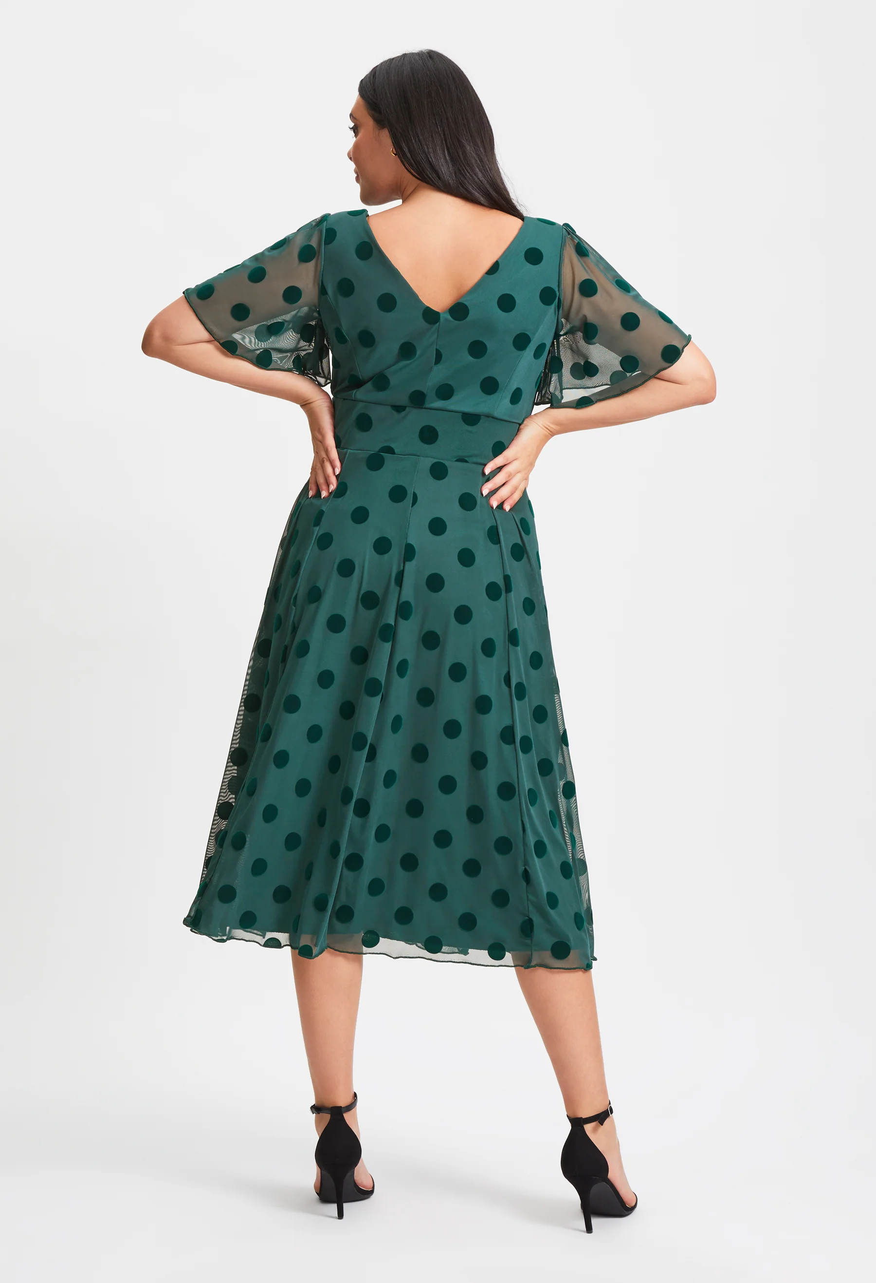 Victoria Dark Green Velvet Mesh Long Midi Dress - Image 4